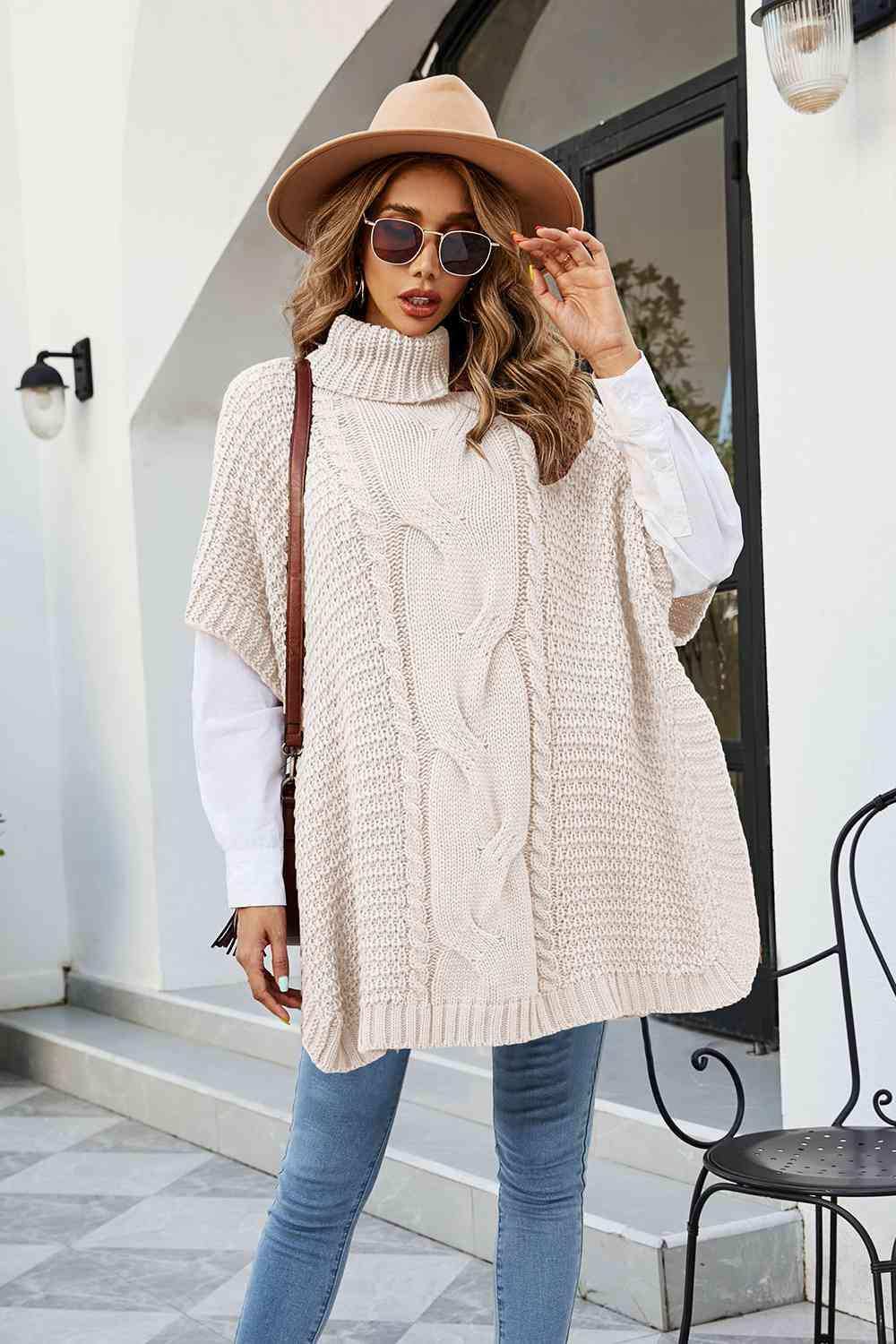 Cable-Knit Turtleneck Slit Sweater - Trendsi - Flyclothing LLC