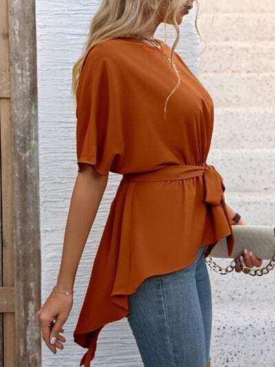 Tied Round Neck Half Sleeve Blouse - Trendsi - Flyclothing LLC