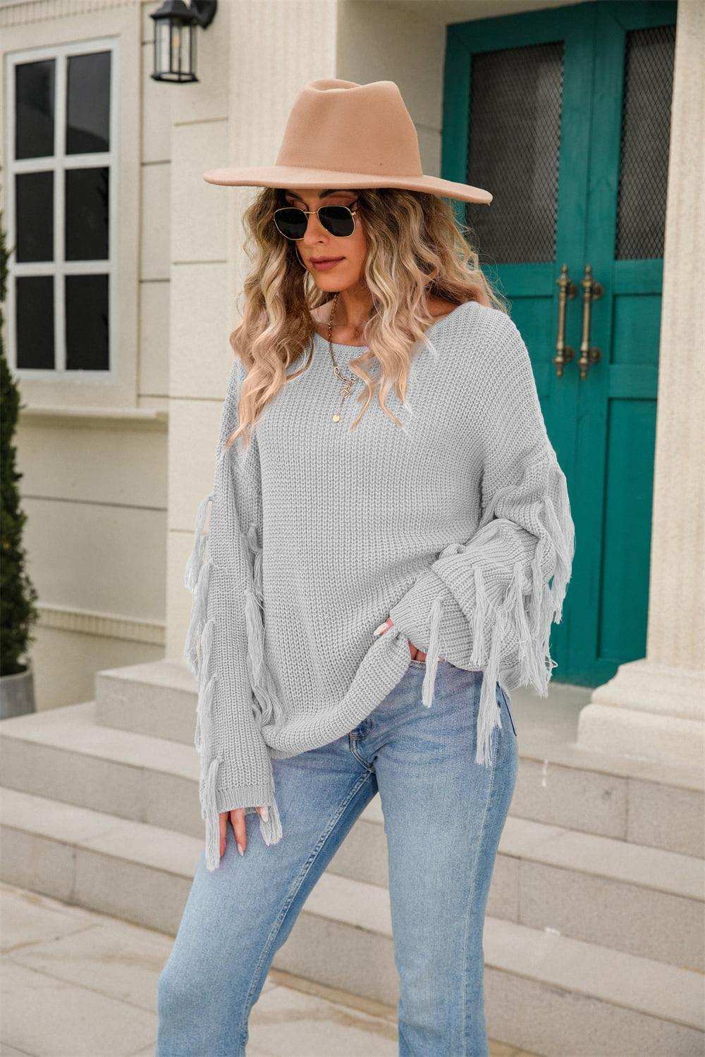 Ribbed Round Neck Fringe Detail Sweater - Trendsi - Flyclothing LLC