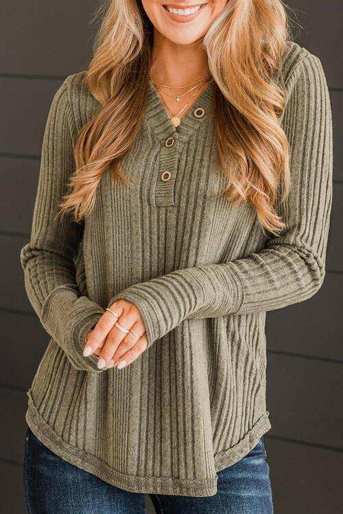 Ribbed Buttoned Long Sleeve Blouse - Trendsi - Flyclothing LLC