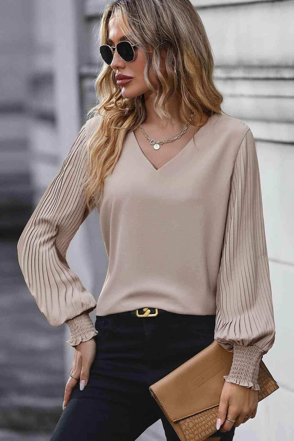 Pleated Lantern Sleeve V-Neck Blouse - Trendsi - Flyclothing LLC