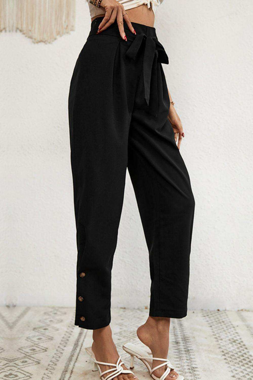 Buttoned Tie-Waist Cropped Pants - Trendsi - Flyclothing LLC