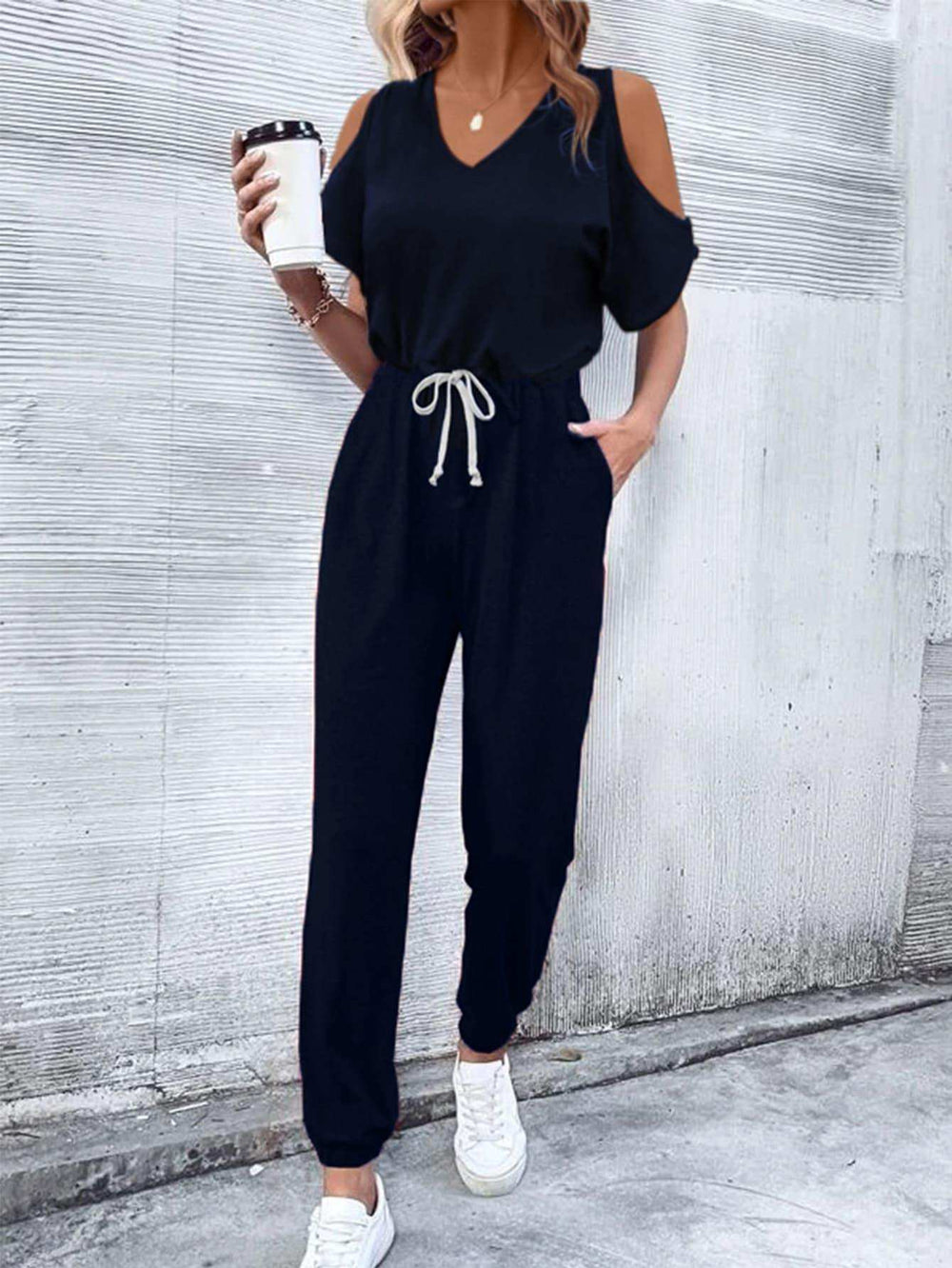 V-Neck Cold-Shoulder Jumpsuit with Pockets - Trendsi - Flyclothing LLC