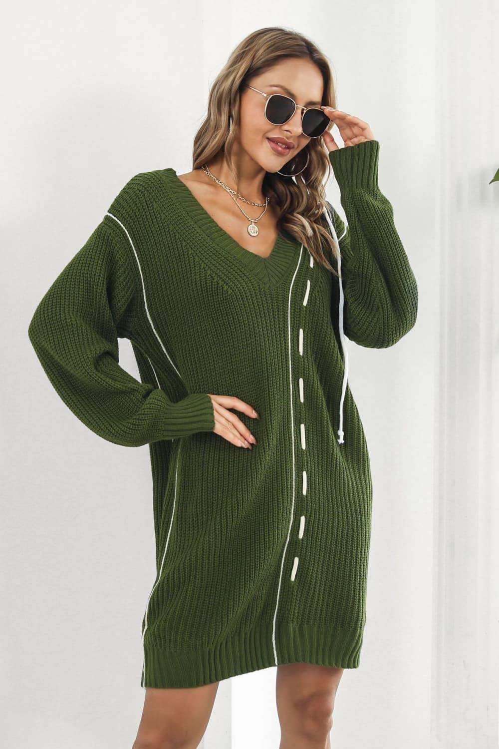 Contrast V-Neck Sweater Dress - Trendsi - Flyclothing LLC