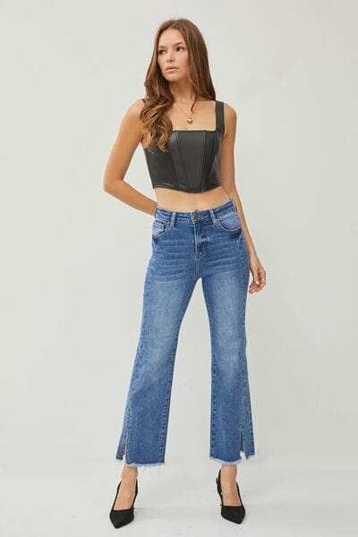 RISEN High Waist Raw Hem Slit Straight Jeans - Trendsi - Flyclothing LLC