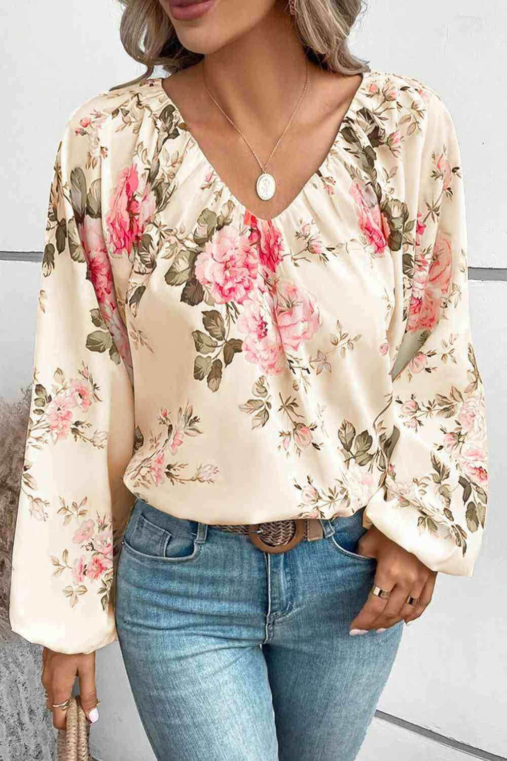 Floral V-Neck Balloon Sleeve Blouse - Trendsi - Flyclothing LLC