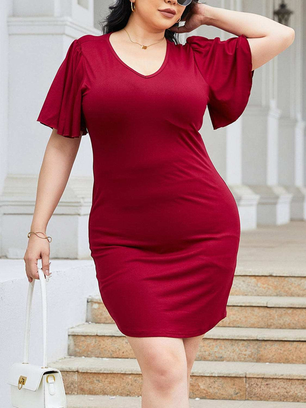 Plus Size Flutter Sleeve Mini Dress - Trendsi - Flyclothing LLC