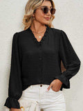 Button Up Flounce Sleeve V-Neck Shirt - Trendsi - Flyclothing LLC
