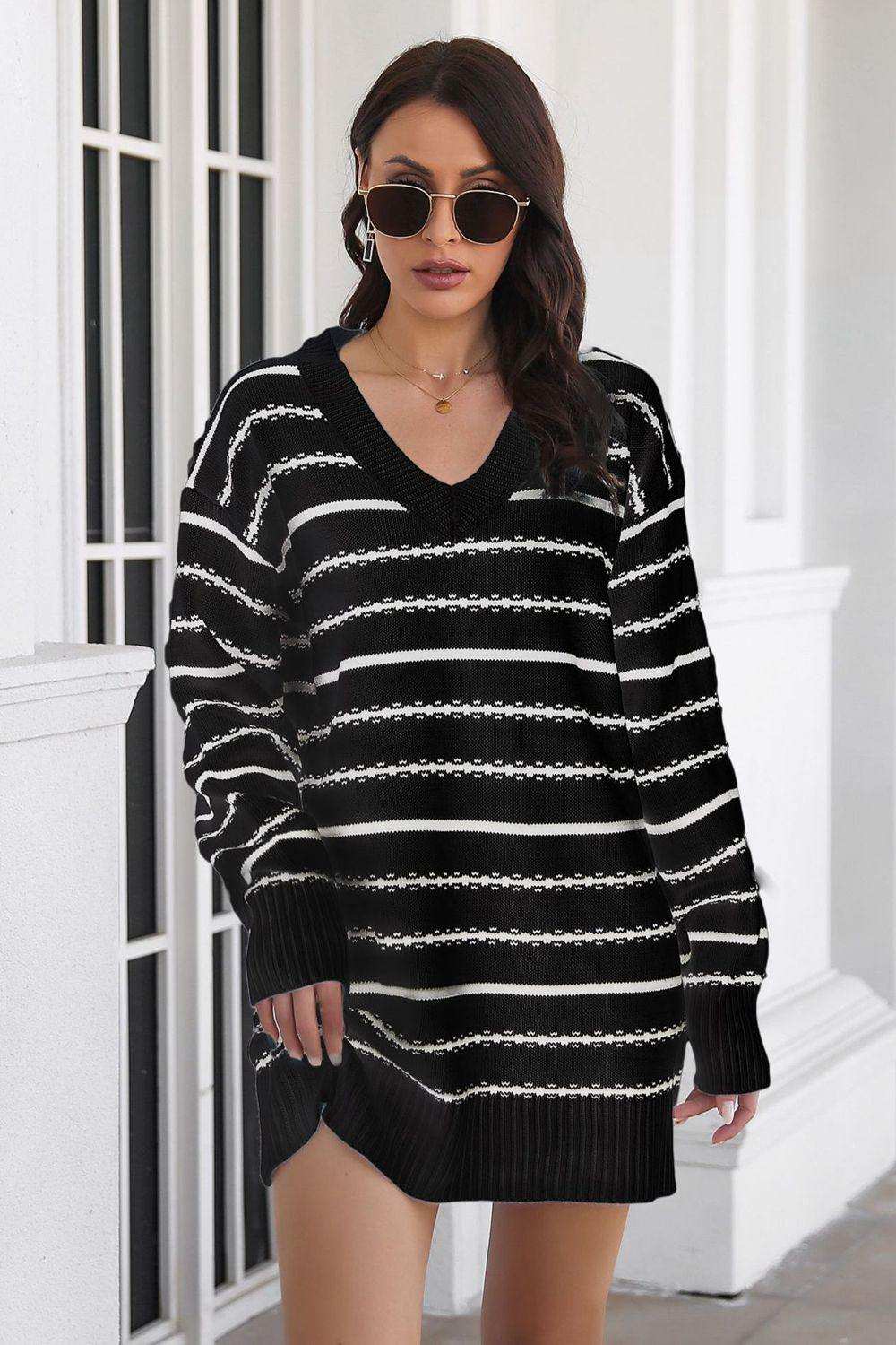 Striped V-Neck Sweater Dress - Trendsi - Flyclothing LLC