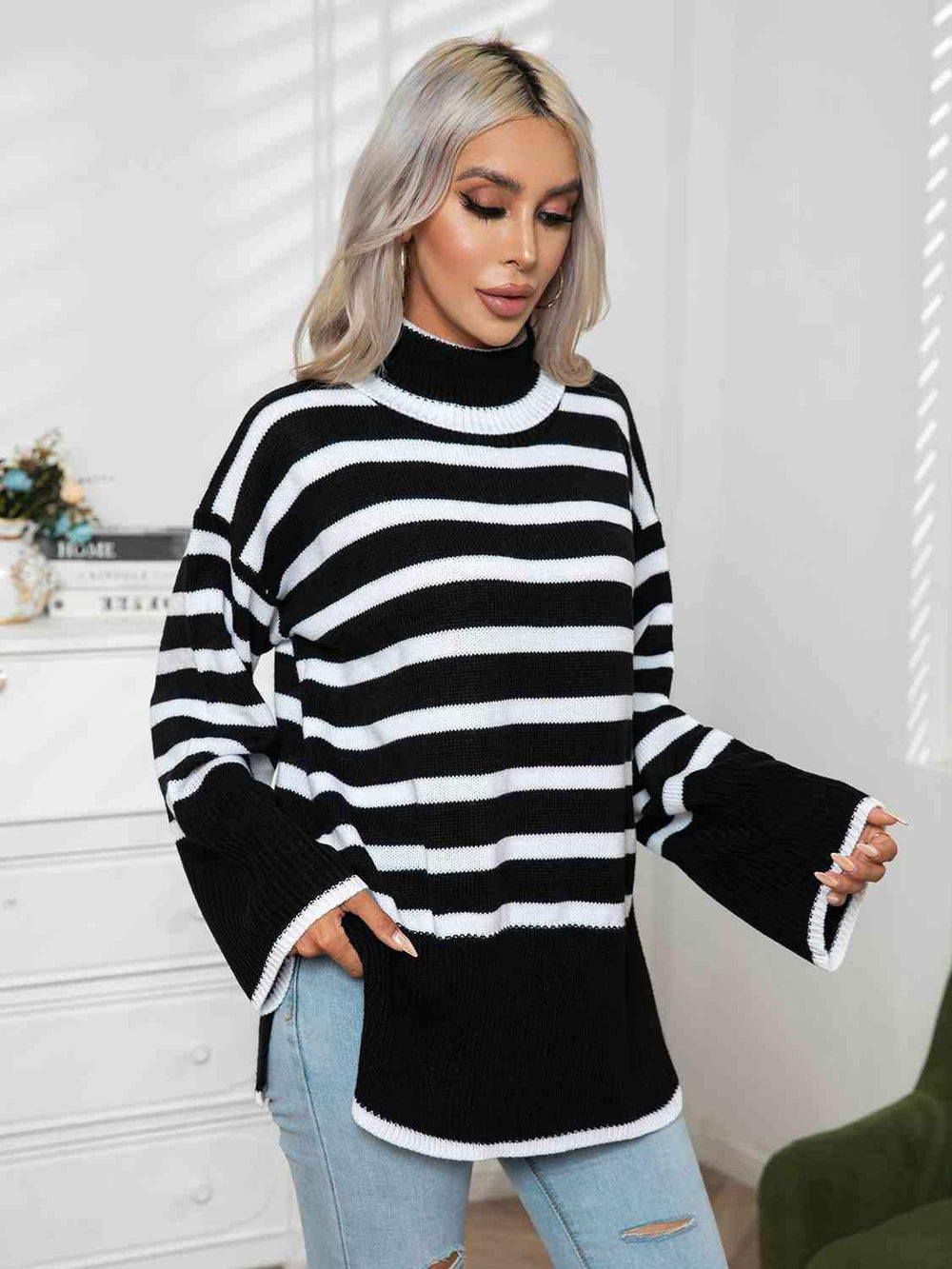 Striped Slit Turtleneck Drop Shoulder Sweater - Trendsi - Flyclothing LLC