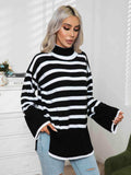 Striped Slit Turtleneck Drop Shoulder Sweater - Trendsi - Flyclothing LLC