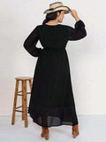 Plus Size Embroidered Tie Neck Long Sleeve Dress - Trendsi - Flyclothing LLC