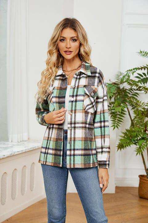 Collared Plaid Shacket - Trendsi - Flyclothing LLC