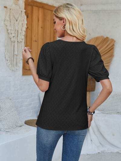 Eyelet Asymmetrical Neck Short Sleeve T-Shirt - Trendsi - Flyclothing LLC