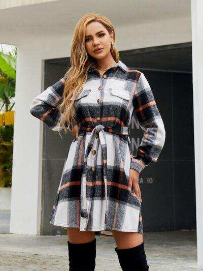 Plaid Belted Collared Neck Button Up Jacket - Trendsi - Flyclothing LLC