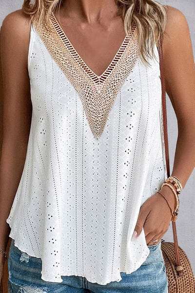 Lace Detail Eyelet V-Neck Tank - Trendsi - Flyclothing LLC