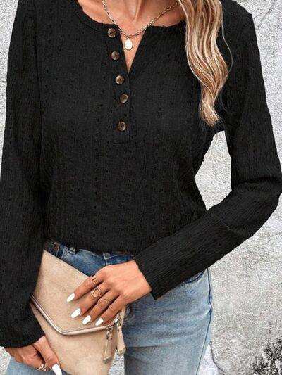 Openwork Half Button Long Sleeve Blouse - Trendsi - Flyclothing LLC