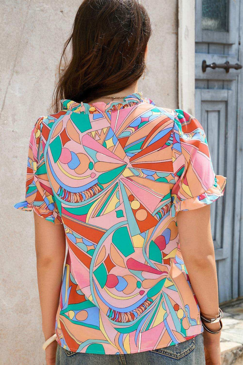 Multicolored Frill Trim V-Neck Flounce Sleeve Blouse - Trendsi - Flyclothing LLC