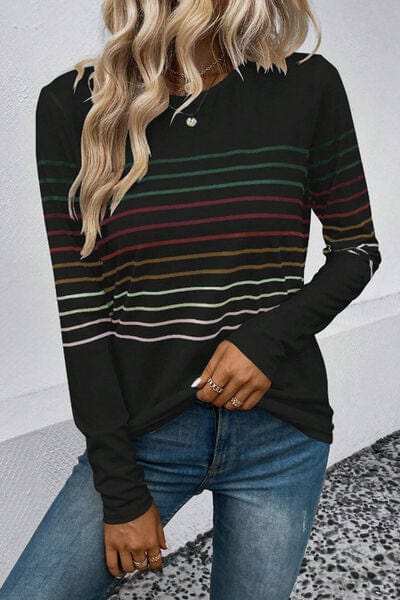 Striped Round Neck Long Sleeve T-Shirt - Trendsi - Flyclothing LLC