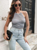 Openwork Halter Neck Cropped Knit Cami - Trendsi - Flyclothing LLC