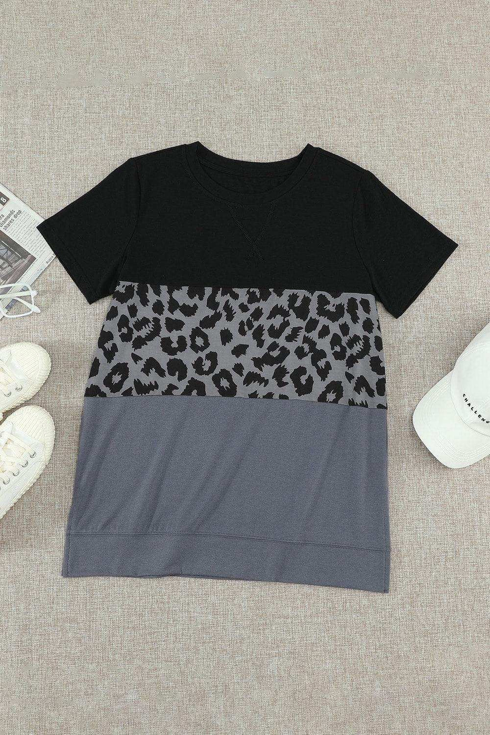 Leopard Print Color Block Short Sleeve T-Shirt - Trendsi - Flyclothing LLC