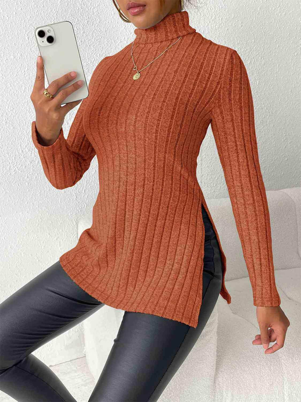 Ribbed Turtleneck Long Sleeve Slit T-Shirt - Trendsi - Flyclothing LLC