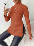 Ribbed Turtleneck Long Sleeve Slit T-Shirt - Trendsi - Flyclothing LLC