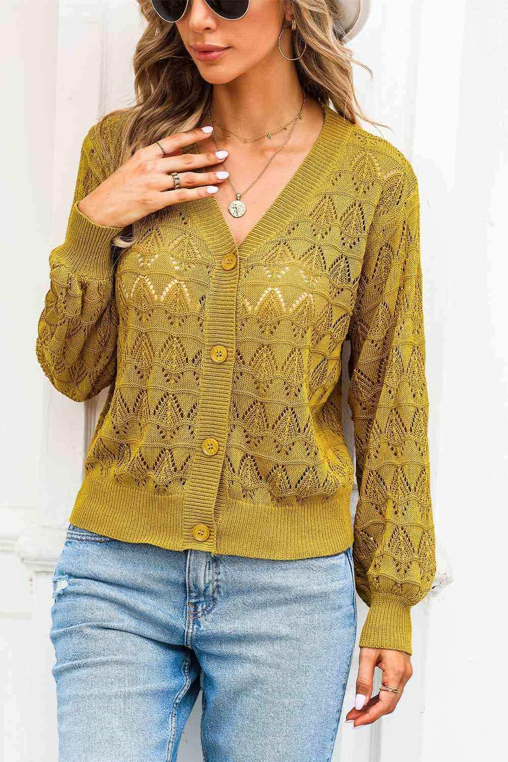 Openwork V-Neck Cardigan - Trendsi - Flyclothing LLC