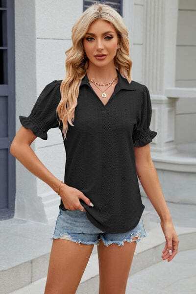 Eyelet Johnny Collar Short Sleeve Blouse - Trendsi - Flyclothing LLC