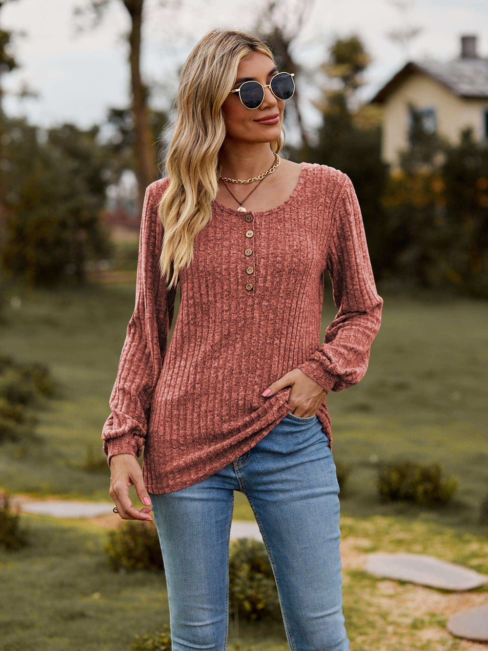 Round Neck Button-Down Long Sleeve Tee - Trendsi - Flyclothing LLC