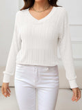 V-Neck Long Sleeve Eyelet Knit Top - Trendsi - Flyclothing LLC