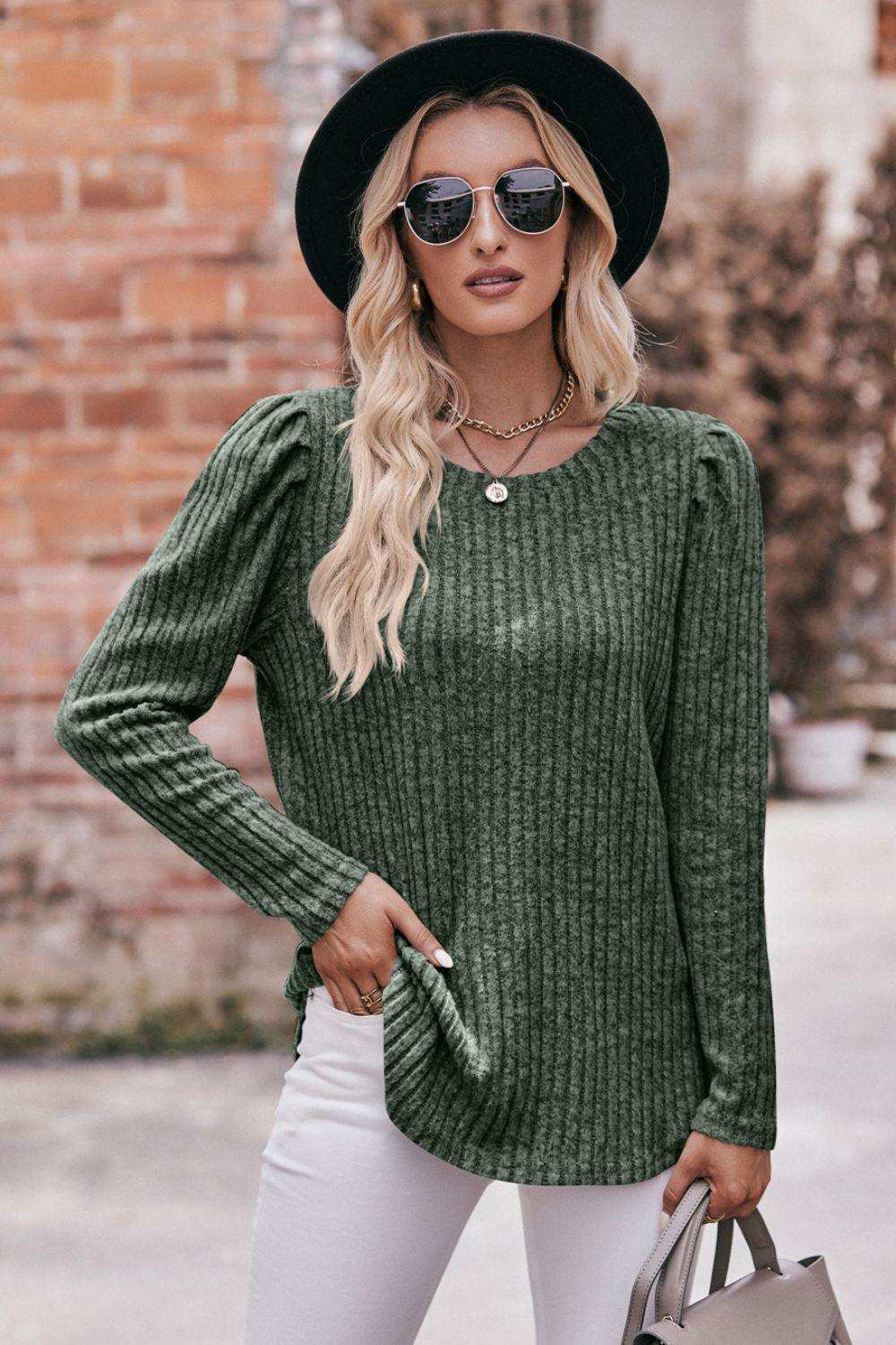 Round Neck Puff Sleeve Ribbed Top - Trendsi - Flyclothing LLC