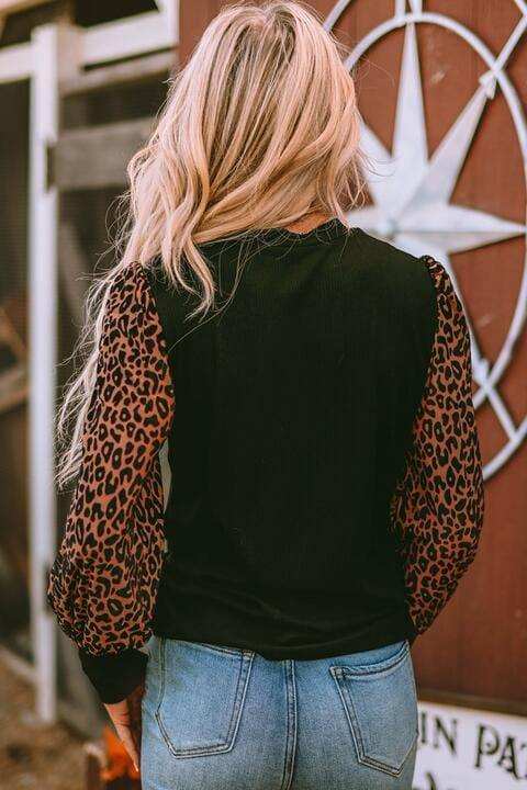 Leopard Print Long Sleeve Ribbed Knit Blouse - Trendsi - Flyclothing LLC