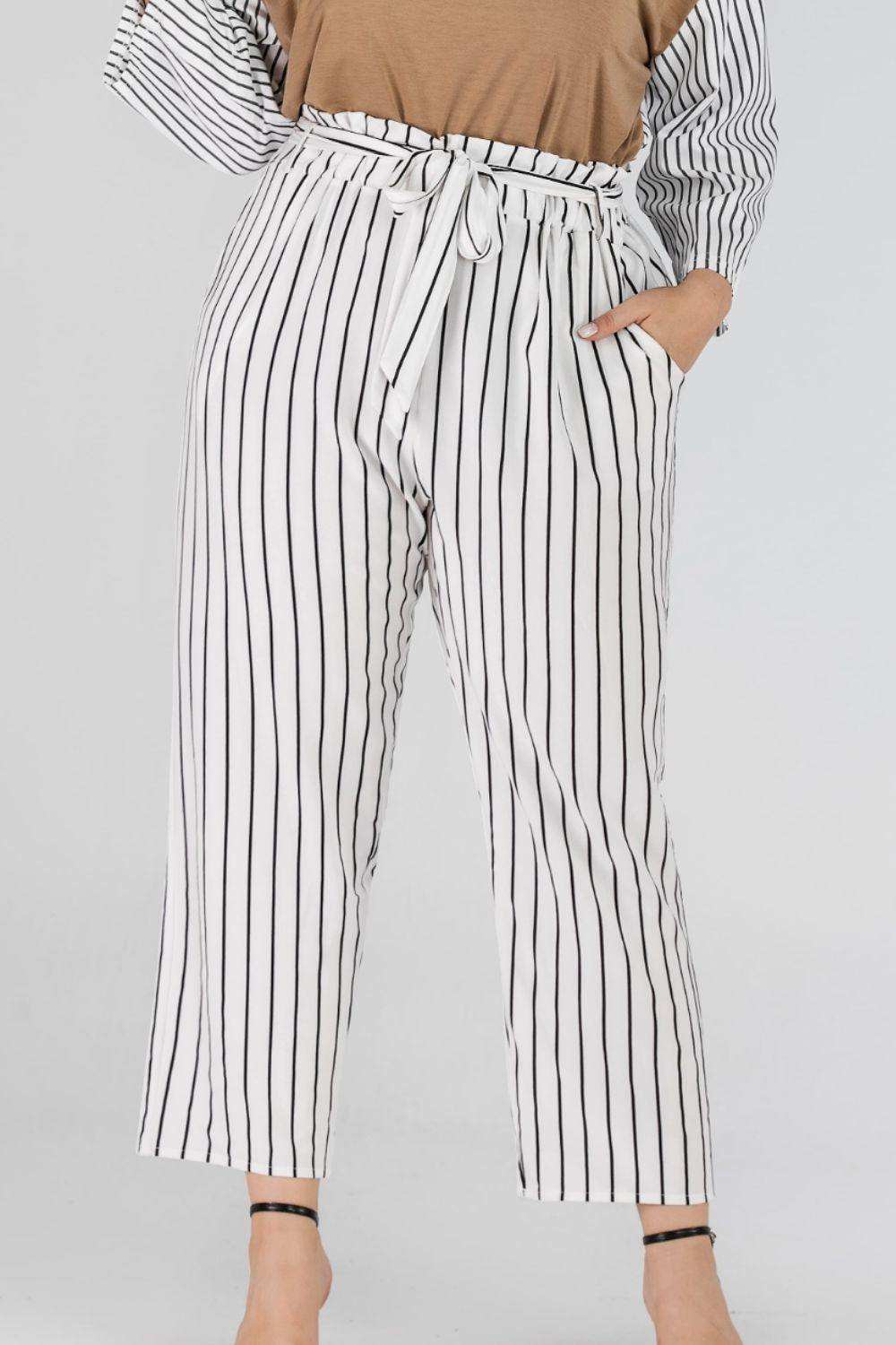 Full Size Striped Paperbag Waist Cropped Pants - Trendsi - Flyclothing LLC