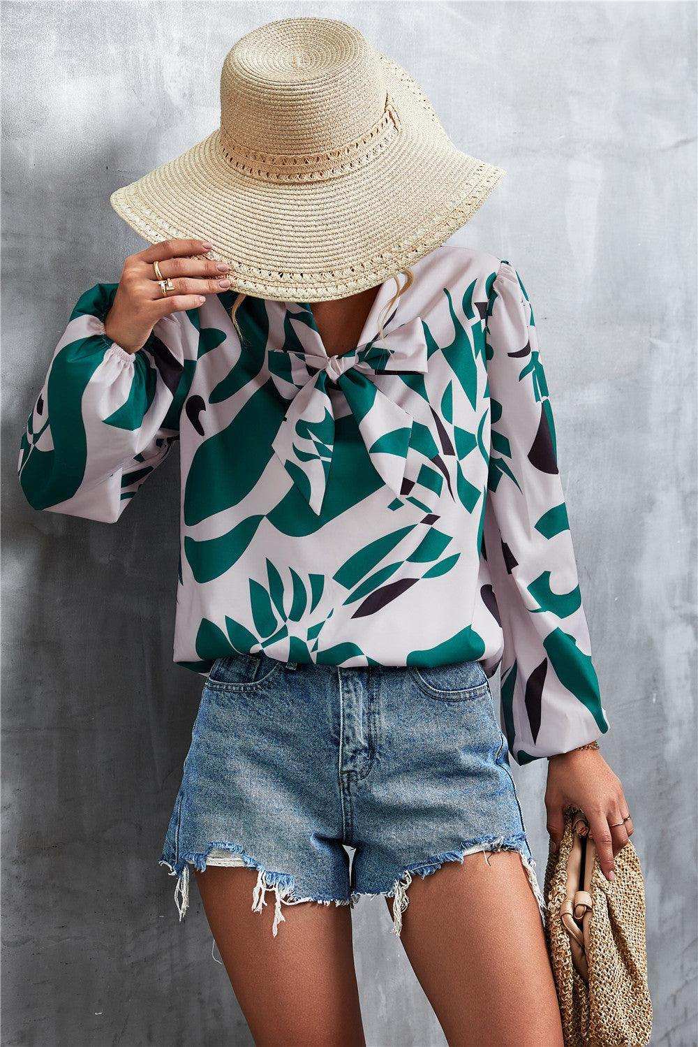 Printed Tie Neck Puff Sleeve Blouse - Trendsi - Flyclothing LLC