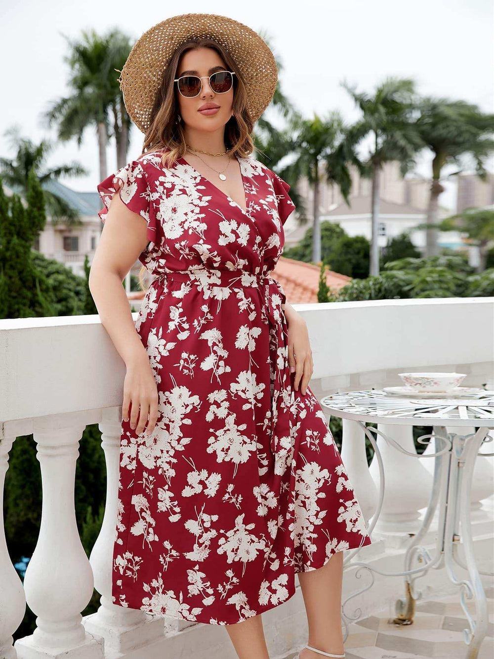 Plus Size Floral Tie Waist Surplice Neck Midi Dress - Trendsi - Flyclothing LLC