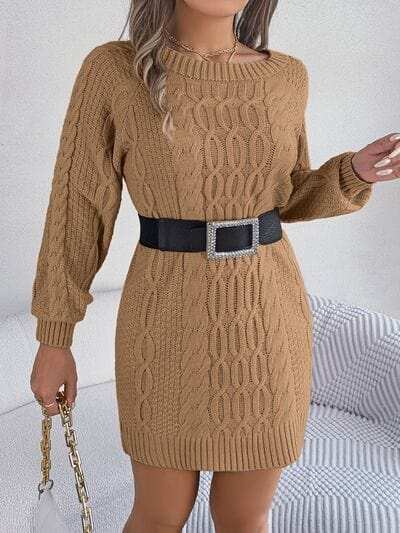 Cable-Knit Round Neck Sweater Dress - Trendsi - Flyclothing LLC