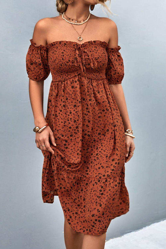 Ditsy Floral Smocked Frill Trim Off-Shoulder Dress - Trendsi - Flyclothing LLC