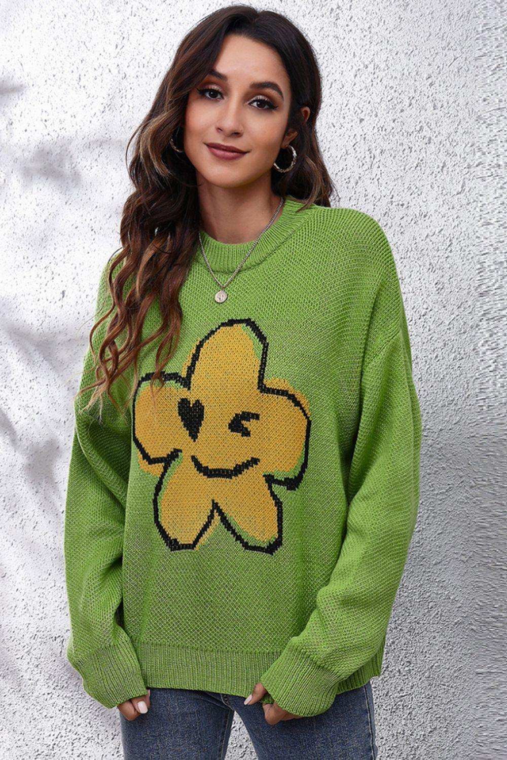 Flower Graphic Drop Shoulder Sweater - Trendsi - Flyclothing LLC