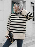 Striped Slit Turtleneck Drop Shoulder Sweater - Trendsi - Flyclothing LLC