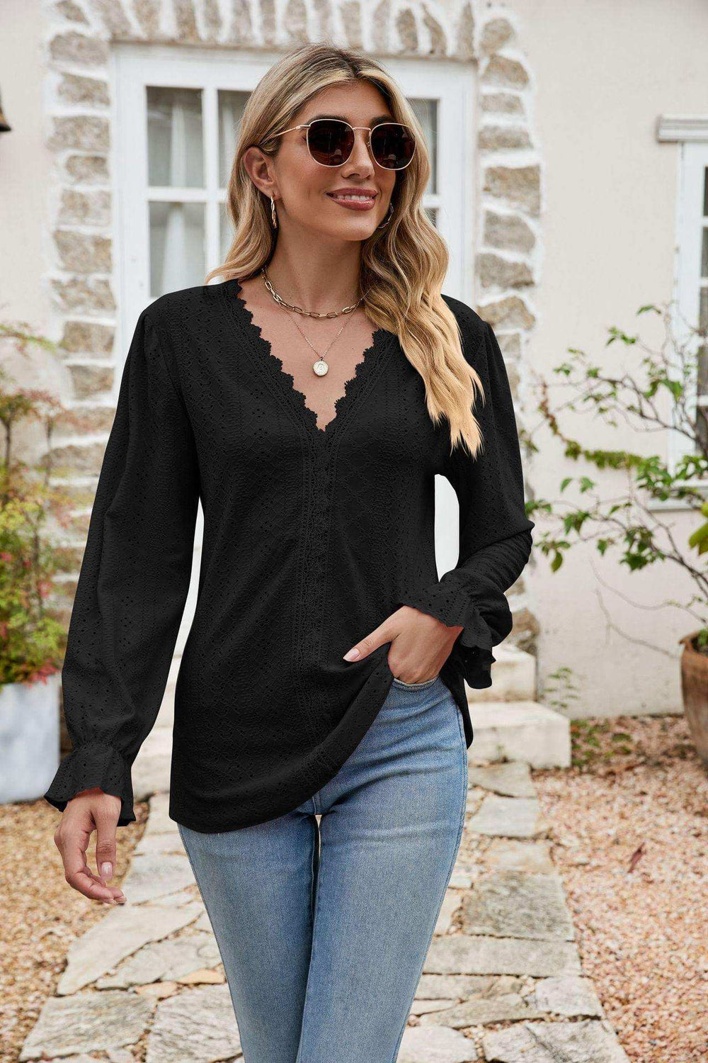 Eyelet Lace Trim Flounce Sleeve Blouse - Trendsi - Flyclothing LLC