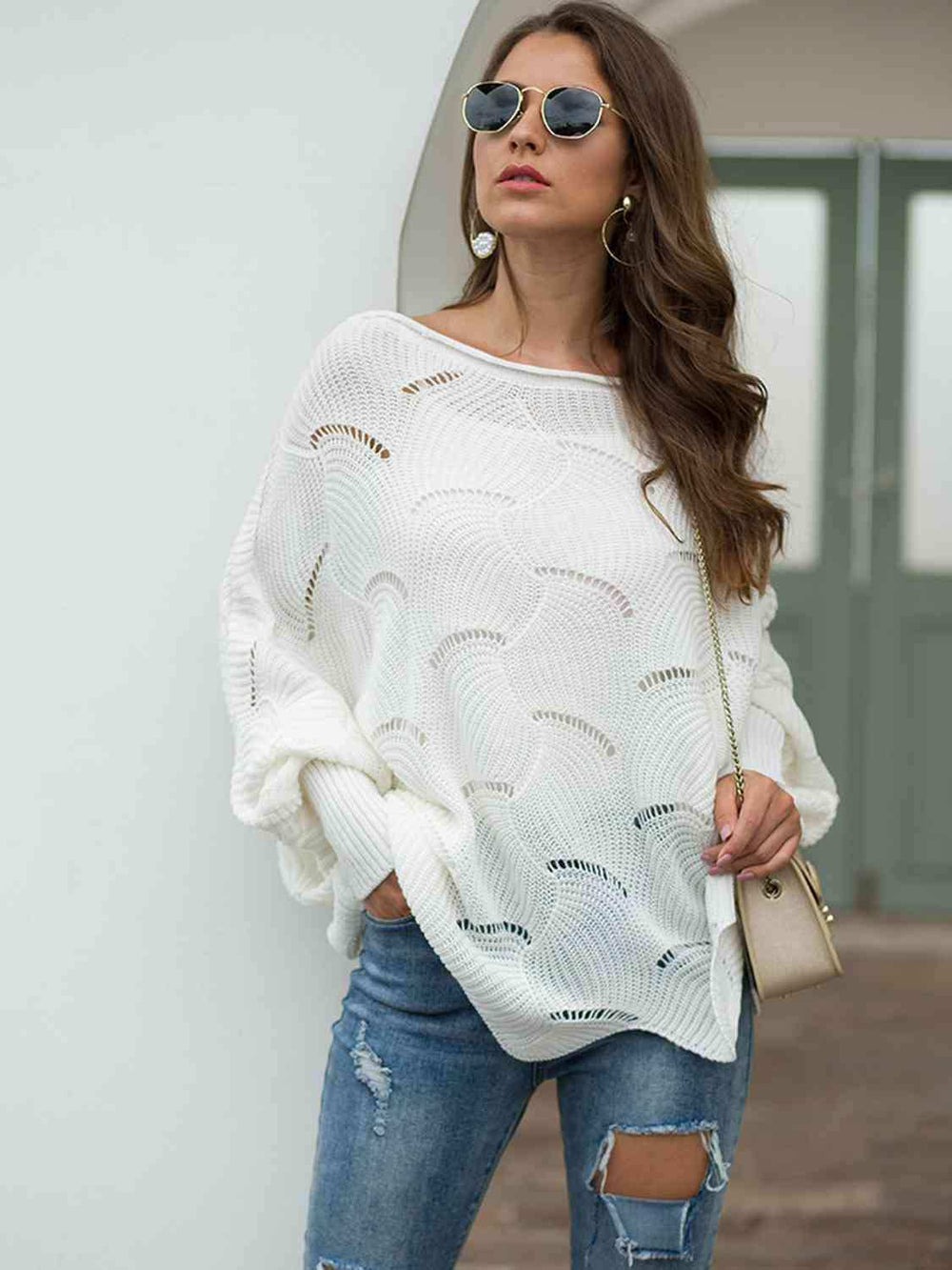 Full Size Boat Neck Lantern Sleeve Openwork Knit Top - Trendsi - Flyclothing LLC