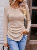 Textured Ruched V-Neck Long Sleeve T-Shirt - Trendsi - Flyclothing LLC