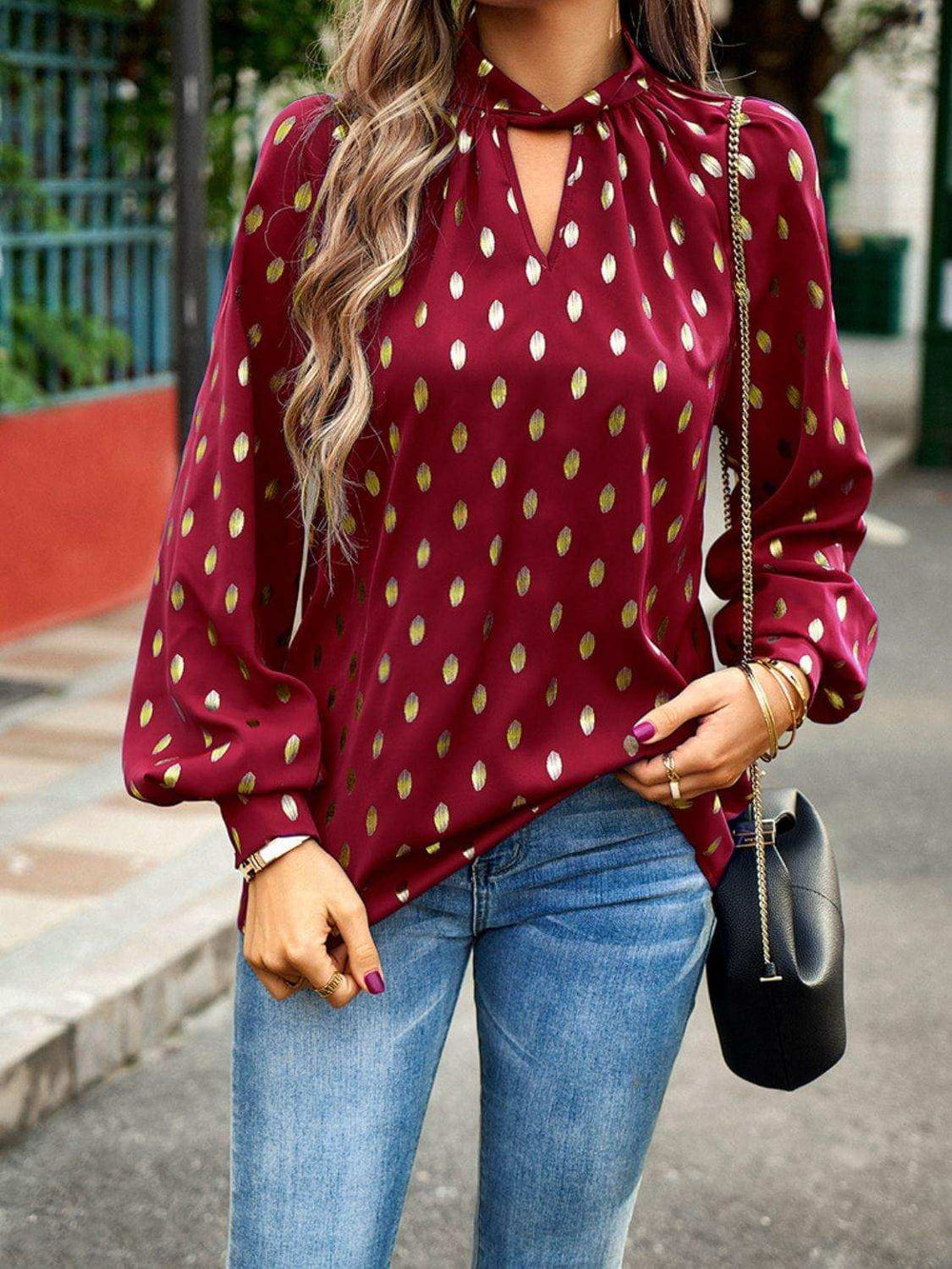 Mock Neck Cutout Lantern Sleeve Blouse - Trendsi - Flyclothing LLC