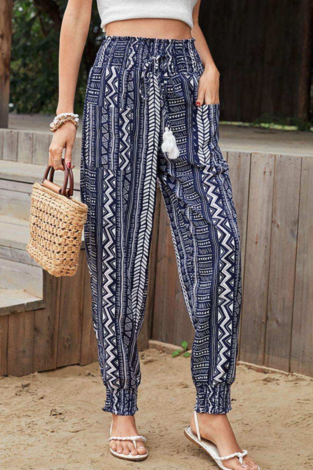 Geometric Print Tassel High-Rise Pants - Trendsi - Flyclothing LLC