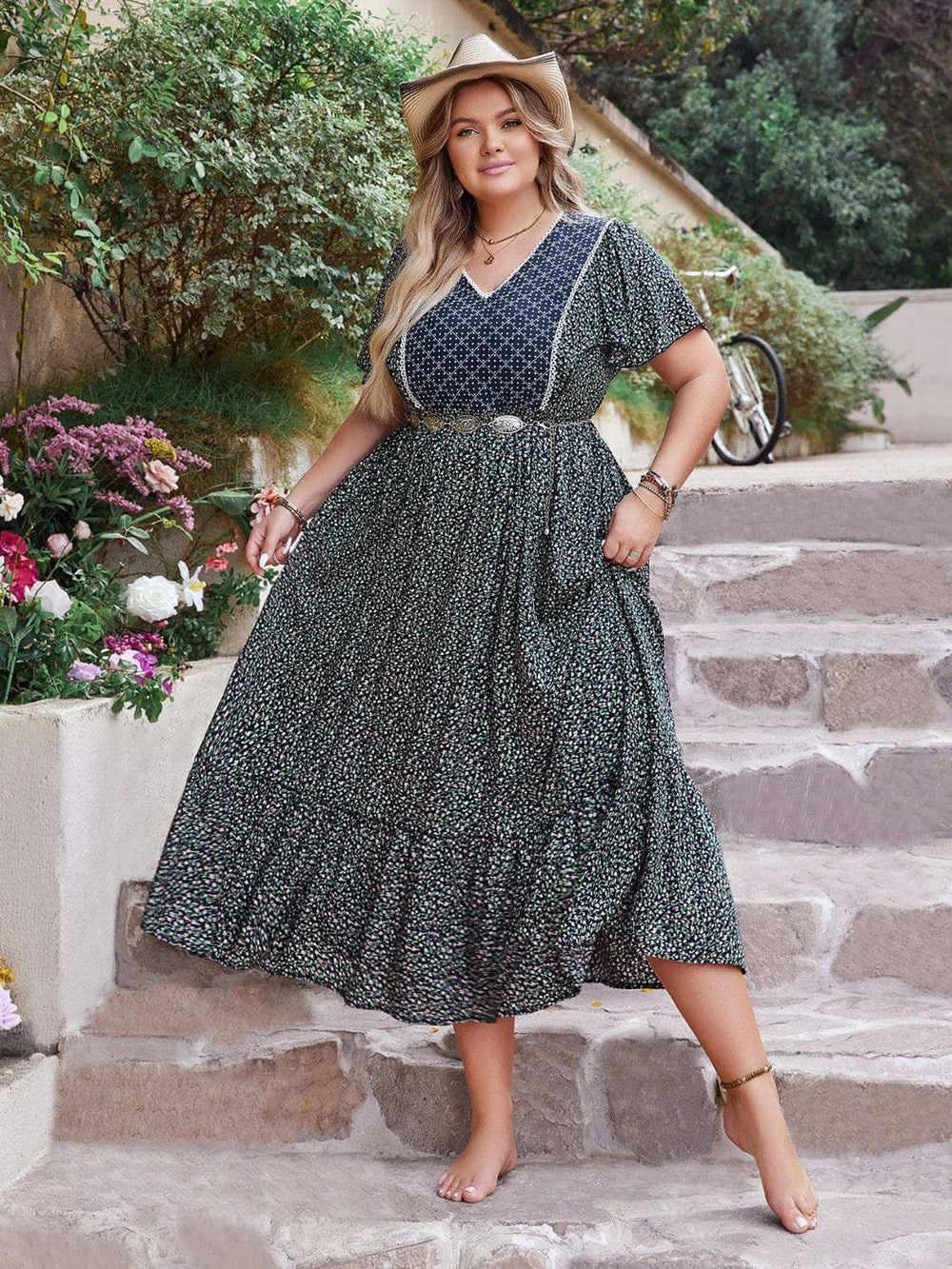Plus Size Printed V-Neck Flutter Sleeve Midi Dress - Trendsi - Flyclothing LLC