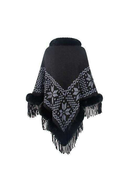 Fringe Geometric Cape Sleeve Poncho - Trendsi - Flyclothing LLC