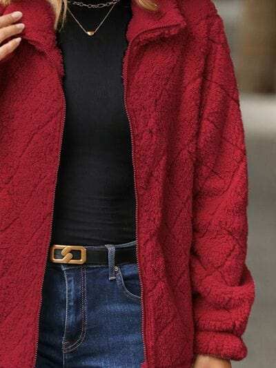 Fuzzy Pocketed Zip Up Jacket - Trendsi - Flyclothing LLC