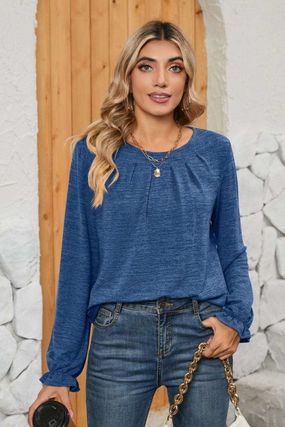 Ruched Round Neck Flounce Sleeve T-Shirt - Trendsi - Flyclothing LLC