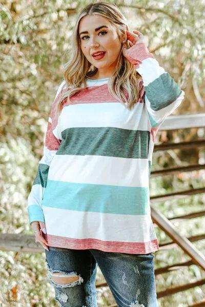 Plus Size Striped Slit Long Sleeve T-Shirt - Trendsi - Flyclothing LLC